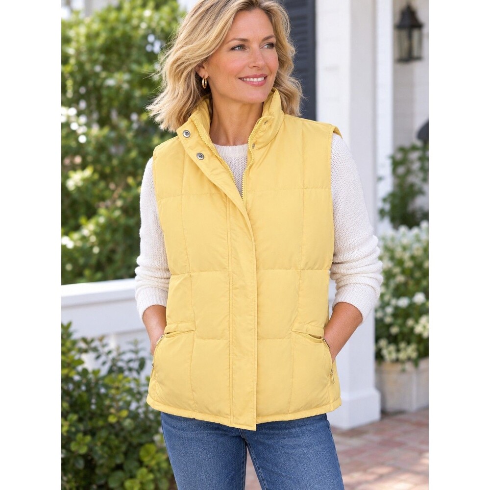 Talbots Goose Down Feather Hooded Vest Womens XL Yellow Dual Zip Preppy Outdoors